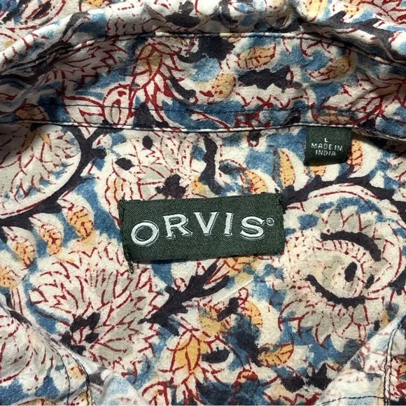 Vintage ORVIS Men's Size L Floral Print 100% Cotton Button Up Shirt Blue Tan - Picture 6 of 7